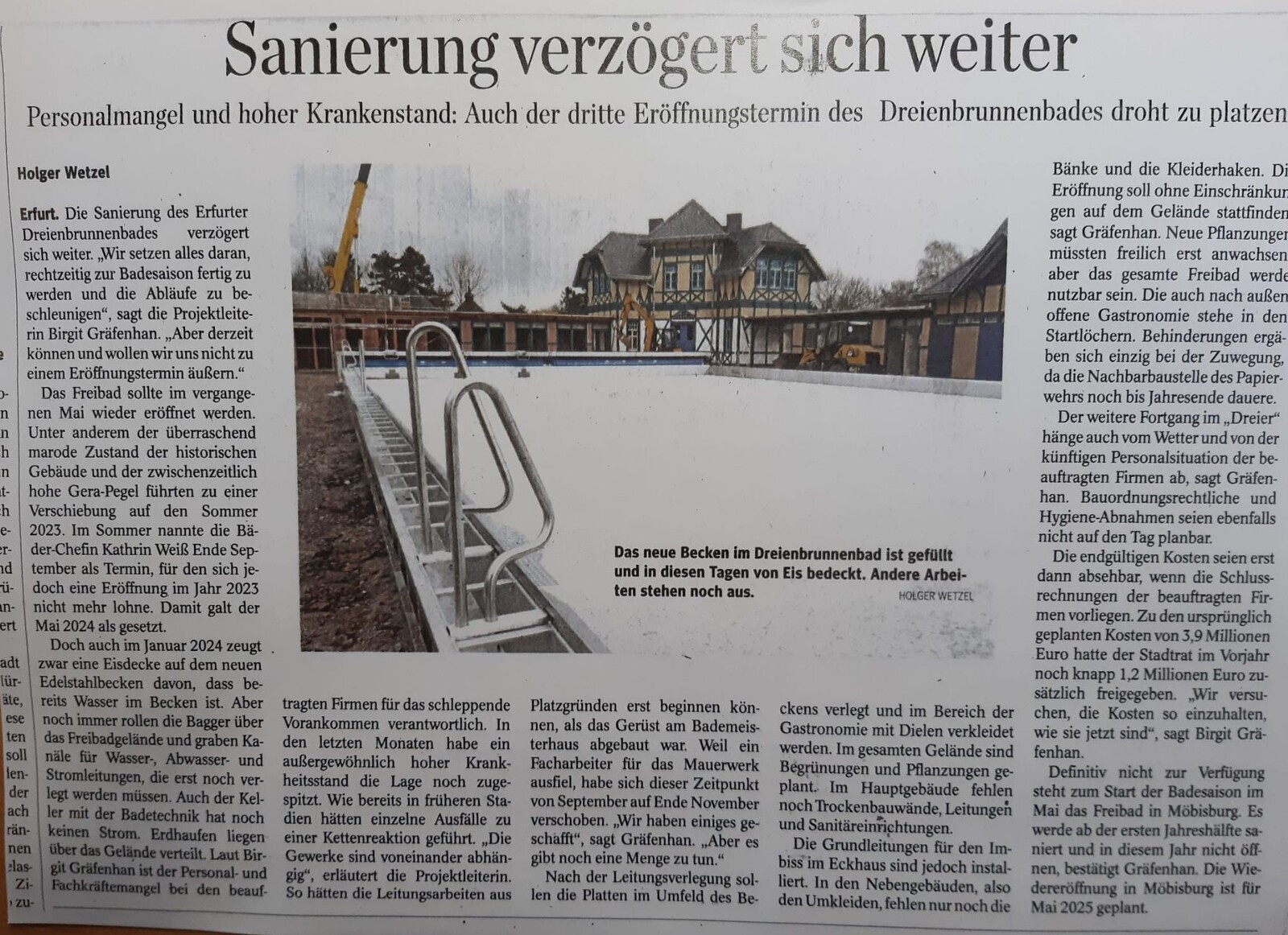 Presse: Sanierung verzögert sich weiter, Bild: TLZ 17.1.2024, Text Holger Wetzel