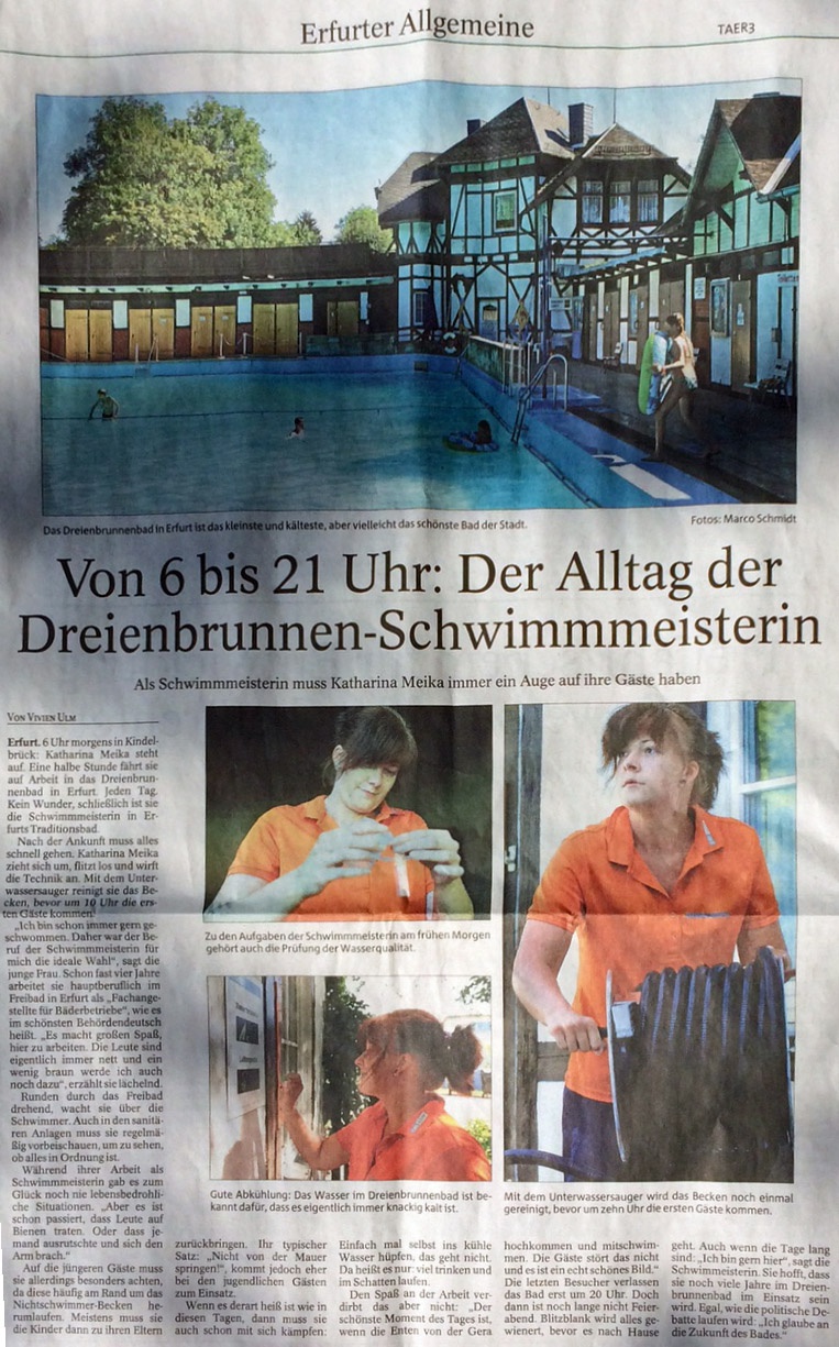 Presse: Von 6 bis 21 Uhr: der Alltag der Dreienbrunnen-Schwimmmeisterin, Bild: TA, 6.8.2015, Text: Vivien Ulm, Fotos: Marco Schmidt