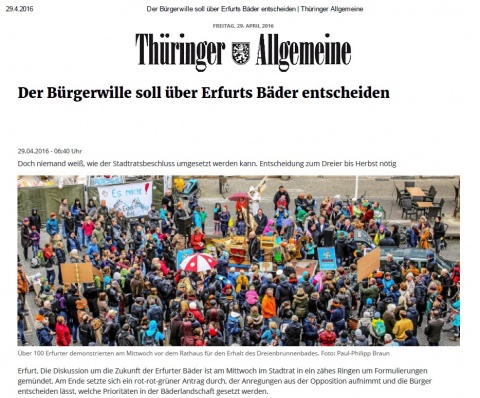 Presse: Der Bürgerwille soll über Erfurts Bäder entscheiden<span> • TA: 29.4.2016; Text: Holger Wetzel; Foto: Paul-Philipp Braun</span>
