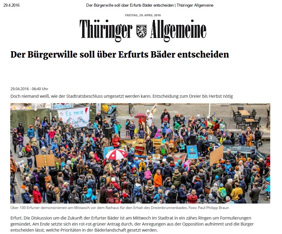 Presse: Der Bürgerwille soll über Erfurts Bäder entscheiden, Bild: TA: 29.4.2016; Text: Holger Wetzel; Foto: Paul-Philipp Braun