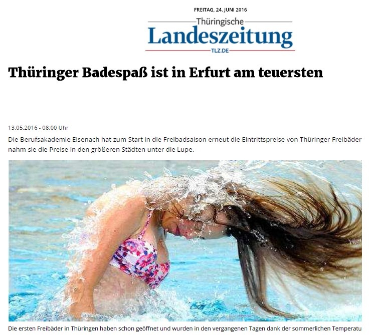 Thüringer Badespaß ist in Erfurt am teuersten _ TLZ, Bild: Redaktion TLZ / 13.05.16 / TLZ  Foto: Dieter Urban
