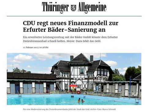 Presse: CDU regt neues Finanzmodell an<span> • TA: 17.2.2017; Text Holger Wetzel, Foto: Archiv, Marco Schmidt</span>
