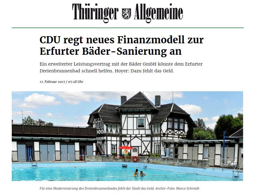 Presse: CDU regt neues Finanzmodell an, Bild: TA: 17.2.2017; Text Holger Wetzel, Foto: Archiv, Marco Schmidt