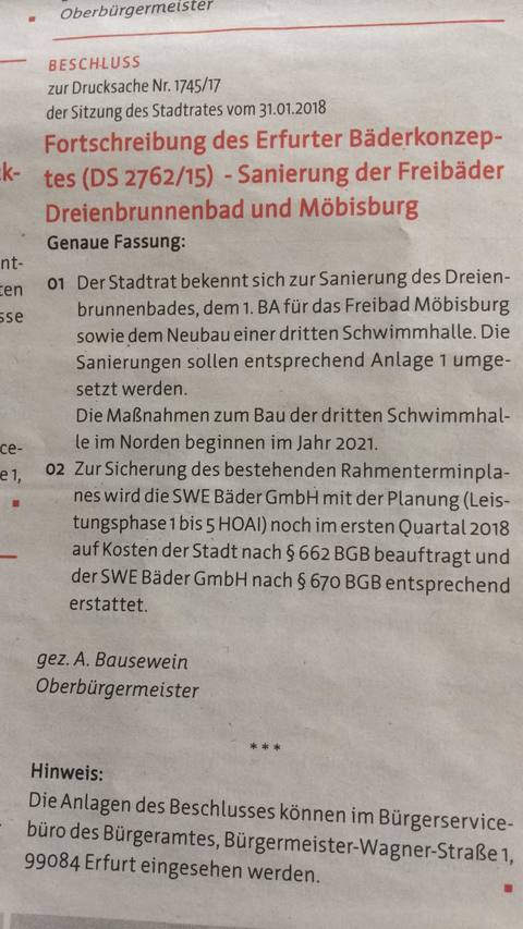 Stadtratsbeschluß zur Sanierung der Erfurter Freibäder<span> • Amtsblatt Februar 2018</span>