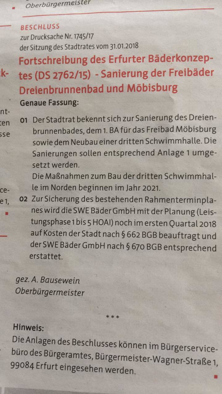 Stadtratsbeschluß zur Sanierung der Erfurter Freibäder, Bild: Amtsblatt Februar 2018