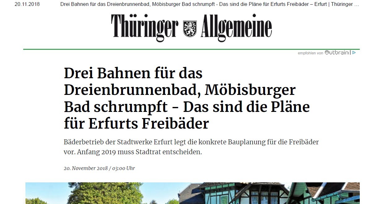 Presse: Drei Bahnen für das Dreienbrunnenbad ..., Bild: Quelle: TA: 20.11.2018; Text: Casjen Carl, Archiv-Foto: Marco Schmidt