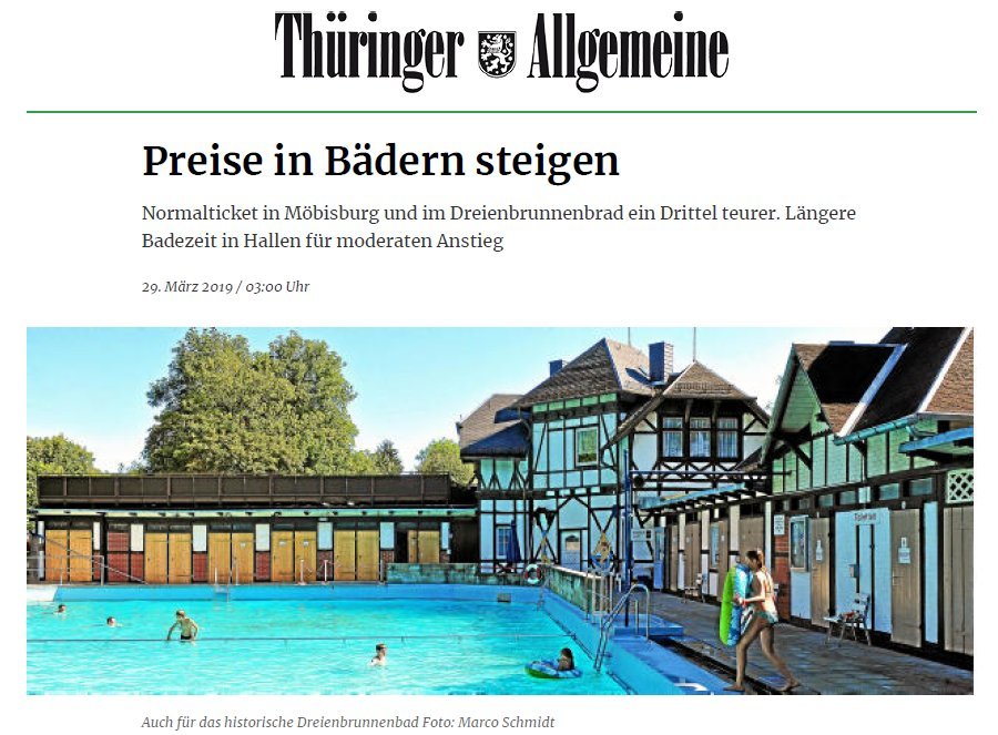 Presse: Preise in Bädern steigen – Erfurt _ Thüringer Allgemeine.jpg, Bild: Quelle: TA: 29.03.2019; Text: Casjen Carl Foto: Marco Schmidt