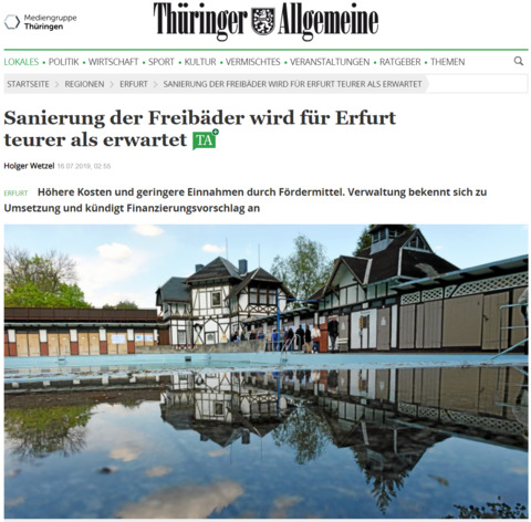 Presse: Sanierung der Freibäder wird für Erfurt teurer als erwartet<span> • Quelle: TA 15.7.2019, Text: Holger Wetzel</span>