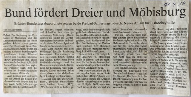 Presse: Bund fördert Dreier und Möbisburg<span> • Quelle: TA 11.4.2019</span>