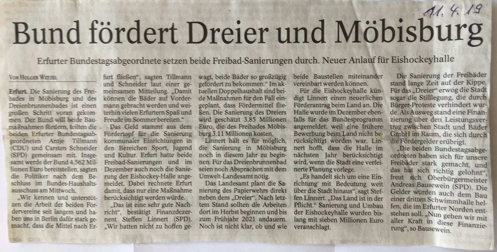 Presse: Bund fördert Dreier und Möbisburg, Bild: Quelle: TA 11.4.2019