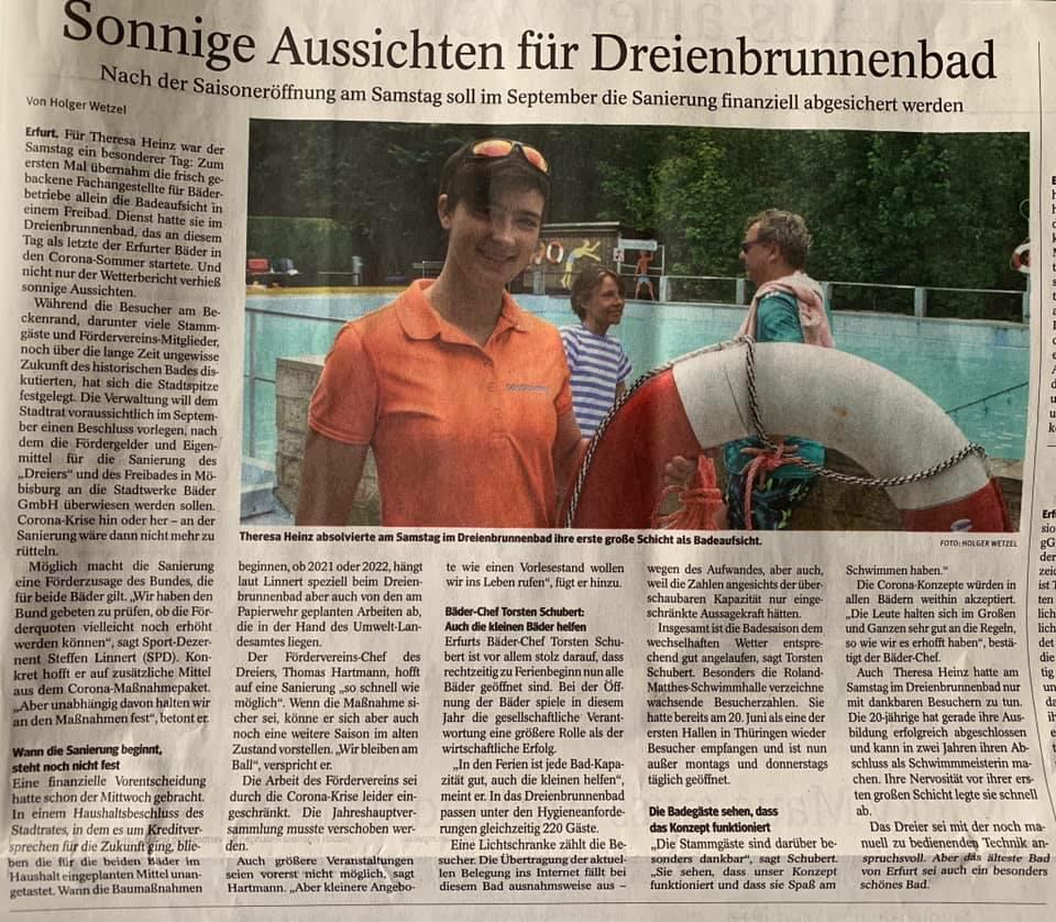 Presse: Sonnige Aussichten für das Erfurter Dreienbrunnenbad, Bild: Quelle: Thüringer Allgemeine (Erfurt), 19.7.2020 Text+Foto Holger Wetzel