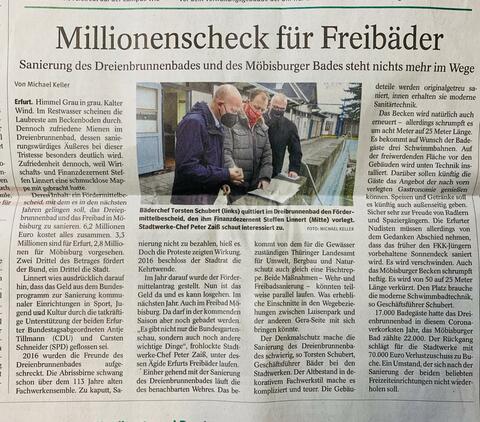 Presse: Millionenscheck für Erfurter Freibäder<span> • Quelle: Thüringer Allgemeine (Erfurt), 10.12.2020 Text+Foto Michael Keller</span>