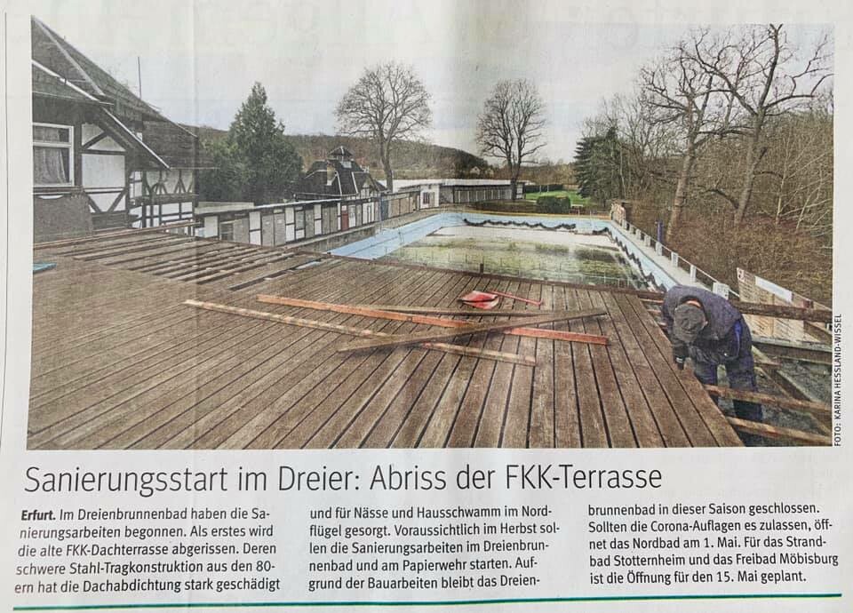 Presse: Sanierungsstart im Dreier: Abriss der FKK-Terrasse, Bild: TA, 13.4.2021, Foto: Karina Hessland-Wissel