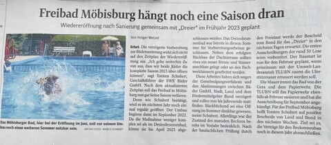 Presse: Freibad Möbisburg hängt noch eine Saison dran<span> • TA vom 17.8.2021; Text Holger Wetzel, Foto: Marco Schmidt</span>