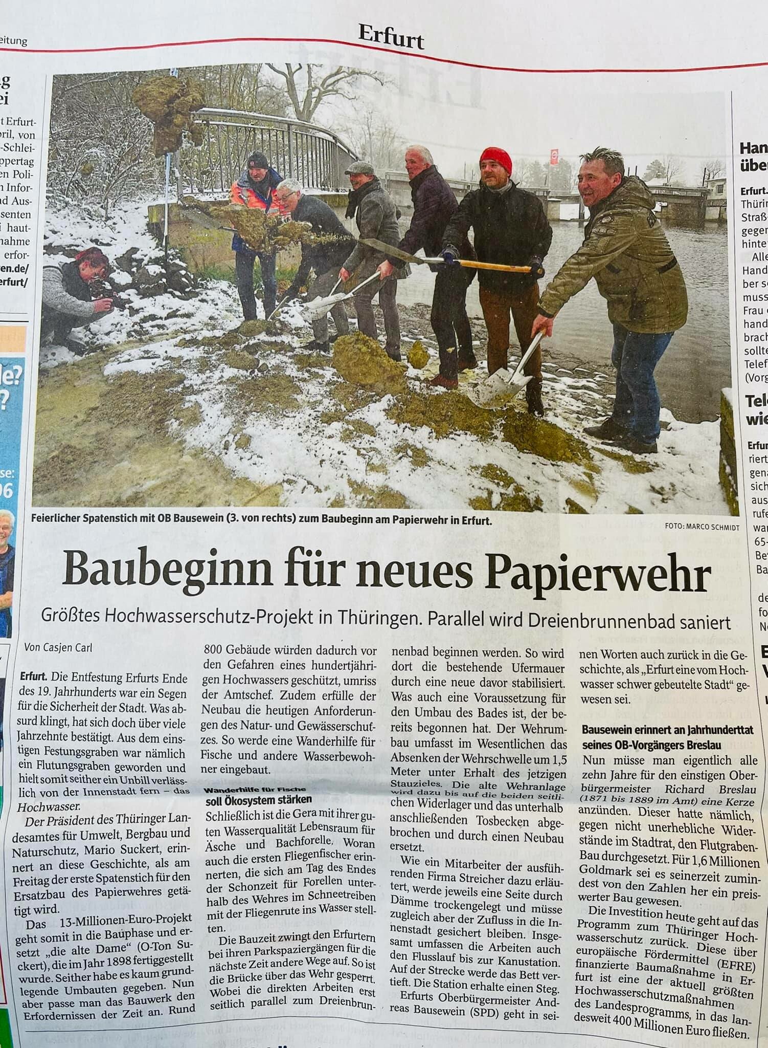 Presse: Baubeginn für neues Papierwehr, Bild: TA: 2.4.2022; Text: Casjen Carl, Foto: Marco Schmidt