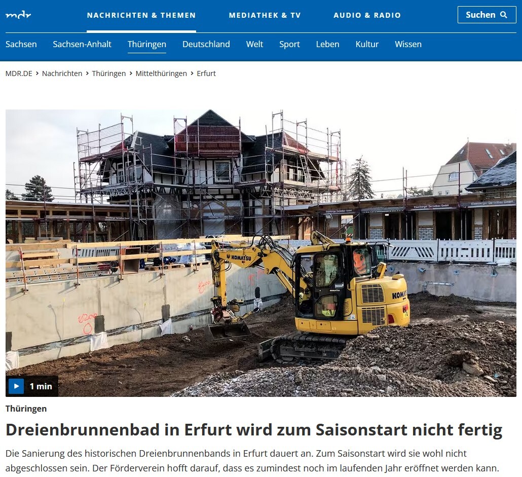 Presse: Dreienbrunnenbad in Erfurt wird zum Saisonstart nicht fertig, Bild: Quelle: MDR Fernsehen, 10.2.2023, 19:00 Uhr