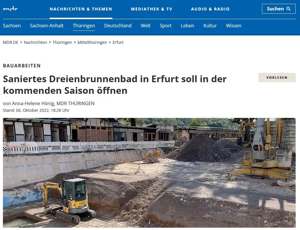 Presse: Saniertes Dreienbrunnenbad in Erfurt soll in der kommenden Saison öffnen, Bild: MDR THÜRINGEN, 6.10.2022 - Anna-Helene Hönig